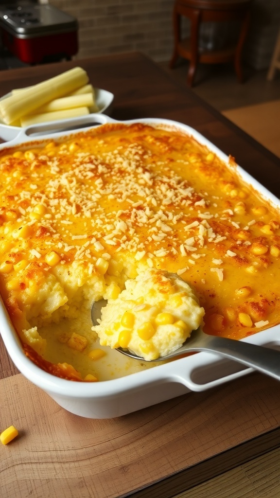 A baked corn casserole in a 9x13 dish, golden brown with melted cheese, on a wooden table.
